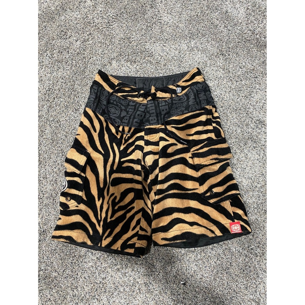 Maui Built Tiger Print Fleece Board Shorts Mens 24 Brown Black Skull Cargo Surf
